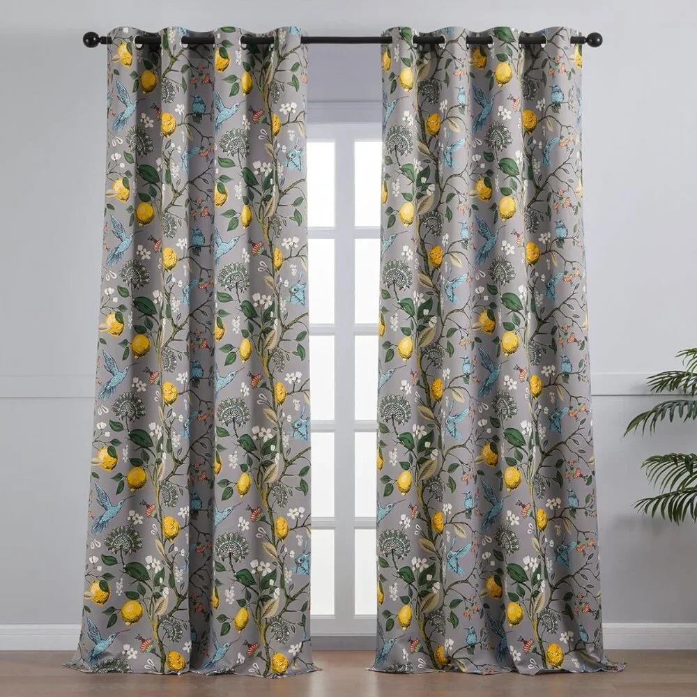 Floral Lemon Hummingbird Curtains Patterned Waverly Mid-Century Style